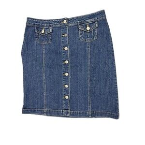 Villager Size 8 Womens Skirt Knee Length Straight Dark Wash Stretch Button Front